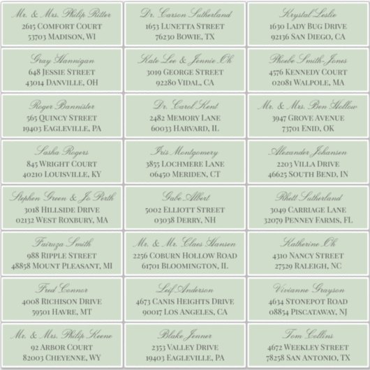 Sage Groen Elegant Script 24 Bruiloft Gast Adres Sticker (Voorkant)