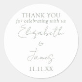 Sage Groen Elegant Script Bruiloft Dank u Ronde Sticker (Voorkant)
