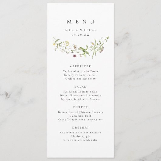Sage Groen Elegant Wildflower Rustiek Boho Bruilof Menu (Voorkant)
