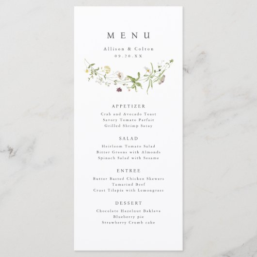 Sage Groen Elegant Wildflower Rustiek Boho Bruilof Menu (Voorkant)