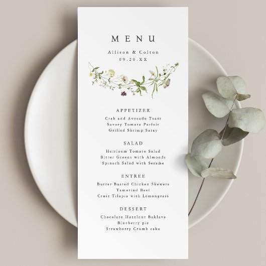 Sage Groen Elegant Wildflower Rustiek Boho Bruilof Menu