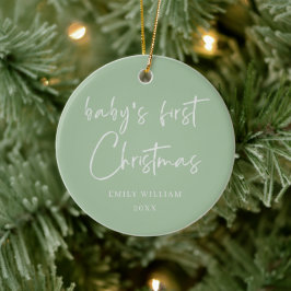 Sage Groen Elegante Foto Baby's Eerste Kerstmis Keramisch Ornament
