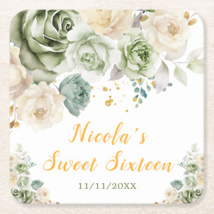 Sage groen en crème bloem Sweet Sixteen Kartonnen Onderzetters