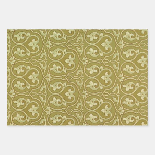 Sage Groen en Goud Art Nouveau Patroon Inpakpapier Vel (Voorkant)