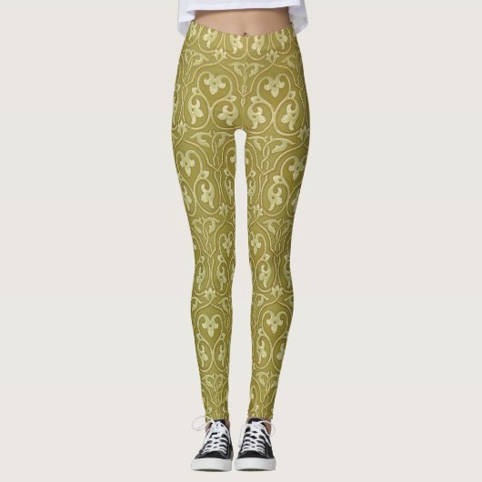 Sage Groen en Goud Art Nouveau Patroon Leggings (Voorkant)