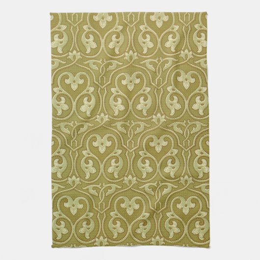 Sage Groen en Goud Art Nouveau Patroon Theedoek (Verticaal)