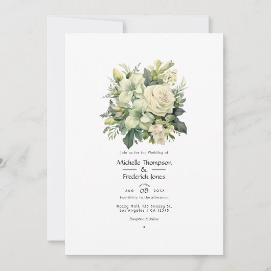 Sage Groen en Ivoor Bloemen Bruiloft Kaart (Voorkant)