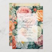 Sage Groen en Perzik Bloemen Bruiloft Kaart (Voorkant / Achterkant)