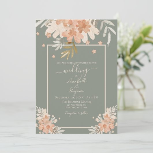 Sage Groen en Perzik Waterverf Bloemenbruiloft Kaart (Staand voorkant)