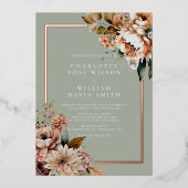 Sage Groen en Roos Goud Elegant Flowers Bruiloft Folie Uitnodiging (Voorkant)