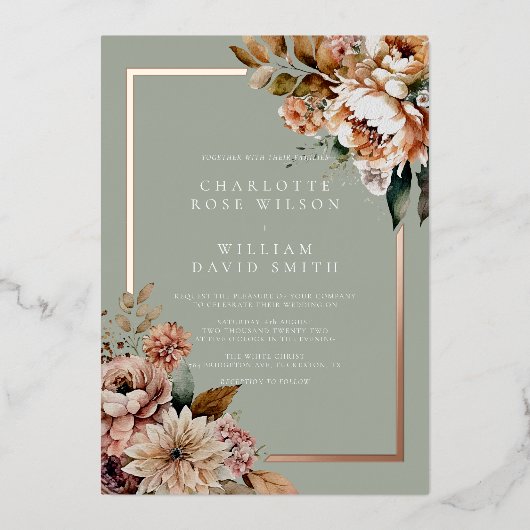Sage Groen en Roos Goud Elegant Flowers Bruiloft Folie Uitnodiging (Voorkant)