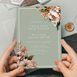 Sage Groen en Roos Goud Elegant Flowers Bruiloft Kaart