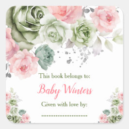 Sage Groen en Roze Bloemen Baby shower Boekplaat Vierkante Sticker