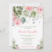 Sage Groen en Roze Bloemen Baby shower Kaart (Voorkant)