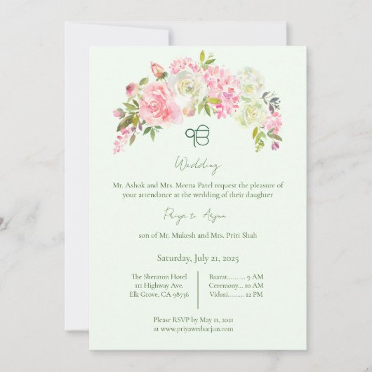 Sage Groen en Roze Bloemen Sikh Ik Onkar Bruiloft Kaart (Voorkant)