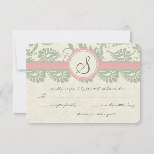 Sage Groen en Stoffig Roos Damask Bruiloft RSVP (Achterkant)