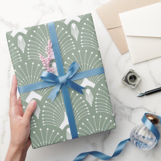 Sage groen en wit art-deco patroon cadeaupapier (Geschenken)