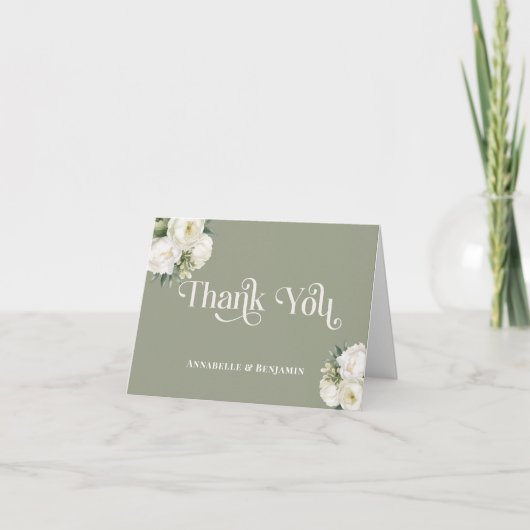 Sage Groen en Wit Bloemen Bruiloft Details Bedankkaart (Voorkant)