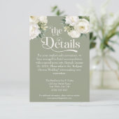 Sage Groen en Wit Bloemen Bruiloft Details Informatiekaartje (Staand voorkant)