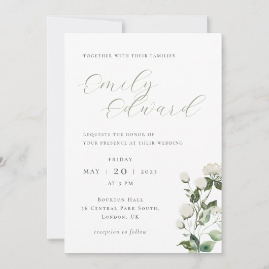 Sage Groen en Wit Bloemen Bruiloft Kaart (Voorkant)