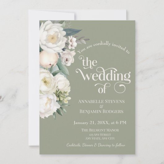 Sage Groen en Wit Bloemen Bruiloft Kaart (Voorkant)