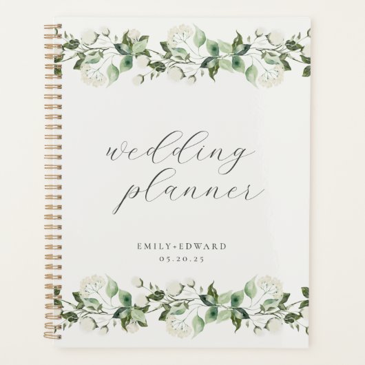Sage Groen en Wit Bloemen Bruiloft Planner (Voorkant)