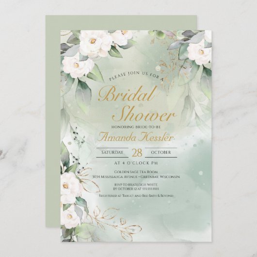 Sage Groen en Wit Bloemen Elegant Vrijgezellenfees Kaart (Voorkant / Achterkant)