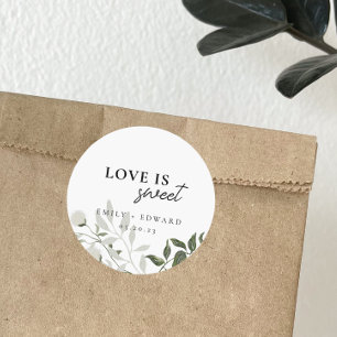 Sage Groen en Wit Bloemen Liefde is Zoete Bruiloft Ronde Sticker