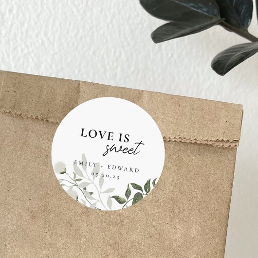 Sage Groen en Wit Bloemen Liefde is Zoete Bruiloft Ronde Sticker