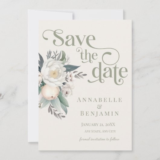 Sage Groen en Wit Bloemen Sla de datum op Kaart (Voorkant)