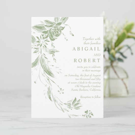 Sage groen en wit bloemenslinger bruiloft kaart (Staand voorkant)