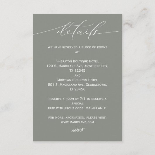 Sage Groen en Wit Kalligrafie Eenvoudig Informatiekaartje (Voorkant)