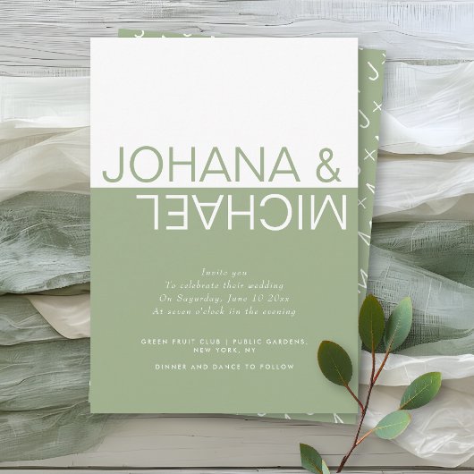 Sage groen en wit kleurblok grillige bruiloft kaart