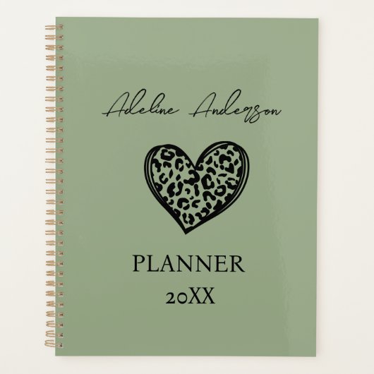 Sage Groen en Zwart Luipaard Patroon Hart Planner (Voorkant)