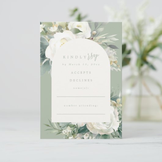 Sage Groen Eucalyptus Bloemen Bruiloft RSVP Informatiekaartje (Staand voorkant)