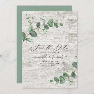 Sage groen Eucalyptus botanical folious white wood Save The Date