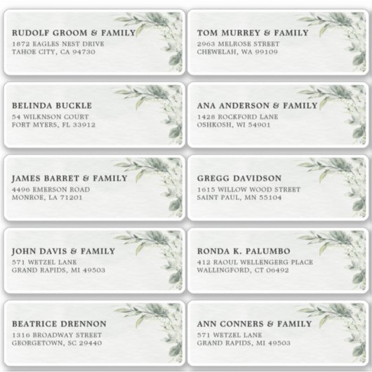 Sage Groen Eucalyptus Bruiloft Gast Naam Adres Sticker (Voorkant)