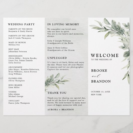 Sage Groen Eucalyptus Drievoudig huwelijksprogramm (Voorkant)