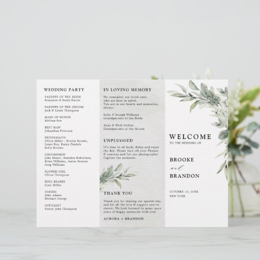 Sage Groen Eucalyptus Drievoudig huwelijksprogramm (Staand voorkant)