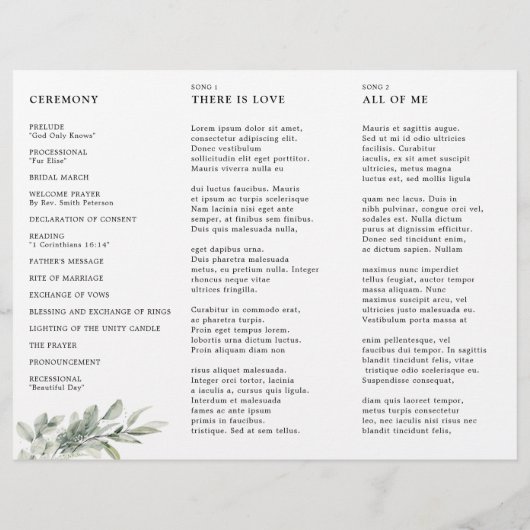 Sage Groen Eucalyptus Drievoudig huwelijksprogramm (Achterkant)