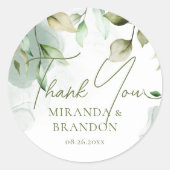 Sage Groen Eucalyptus Foliage Bruiloft Dank u Ronde Sticker (Voorkant)