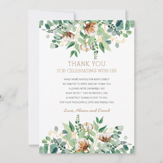 Sage Groen Eucalyptus Rustiek groen Baby shower Bedankkaart (Voorkant)