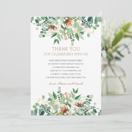 Sage Groen Eucalyptus Rustiek groen Baby shower Bedankkaart (Staand voorkant)