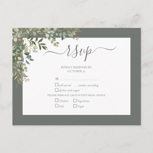 Sage Groen Eucalyptus Script Bruiloft RSVP Uitnodiging Briefkaart (Voorkant)