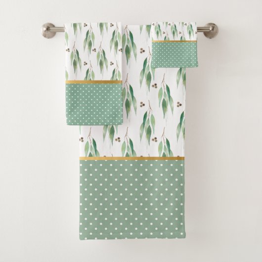 SAGE GROEN EUCALYPTUS SPOT GOLD BATHROOM TOWEL SET BAD HANDDOEK (Insitu)