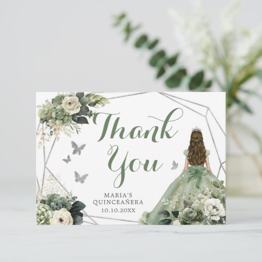 Sage Groen Geometrisch Bloemen Prinses Quinceañera Bedankkaart (Staand voorkant)