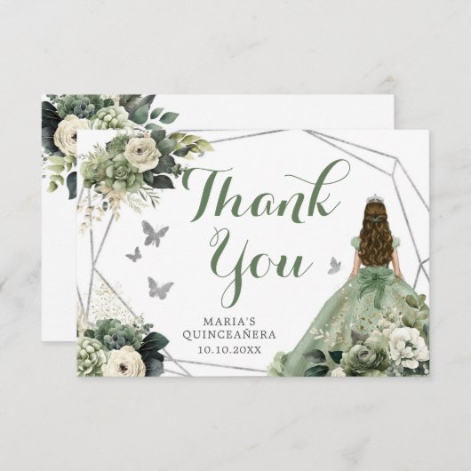 Sage Groen Geometrisch Bloemen Prinses Quinceañera Bedankkaart (Voorkant / Achterkant)