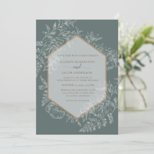 Sage Groen Geometrisch Bloemen Tapestry Bruiloft Kaart (Staand voorkant)