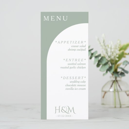 Sage Groen Geometrisch Boog Diner Bruiloft Recepti Menu (Staand voorkant)