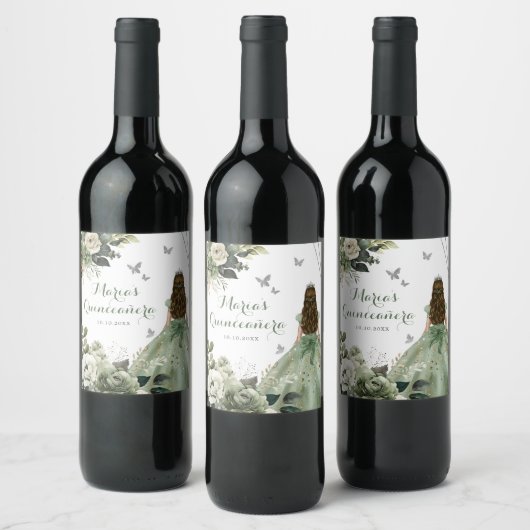 Sage Groen Geometrisch Prinses Floral XV Años Wijn Etiket (Flessen)